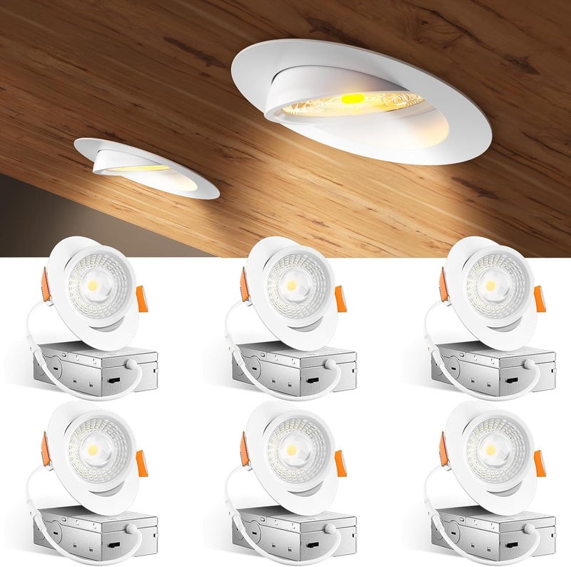 Amico 6 Pack 4 Inch 5CCT Gimbal LED Recessed Lighting, 360°&90° Adjustable Eyeball Directional Downlight, Dimmable, 2700K/3000K/3500K/4000K/5000K Selectable, CRI90+ 9W 700LM, ETL&FCC - Image 1
